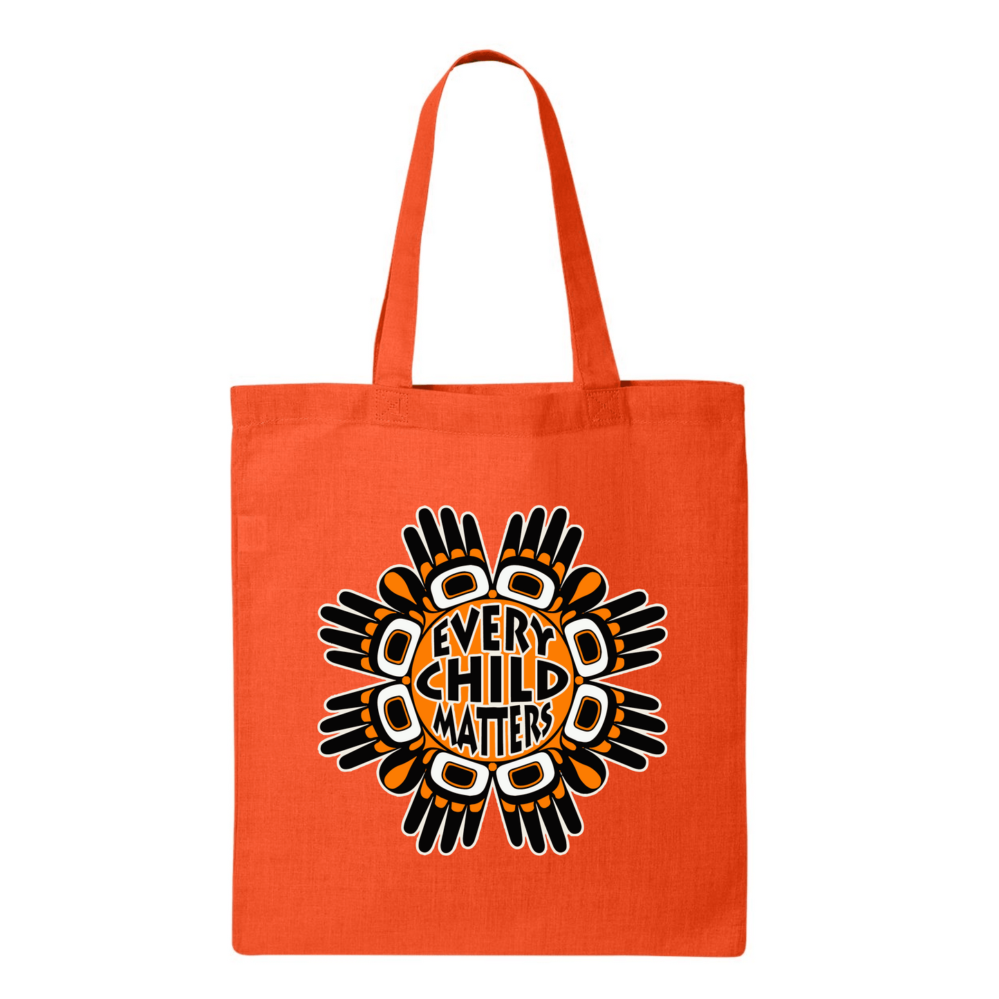 Orange tote bag for Every Child Matters featuring a black and white circular design with hand symbols