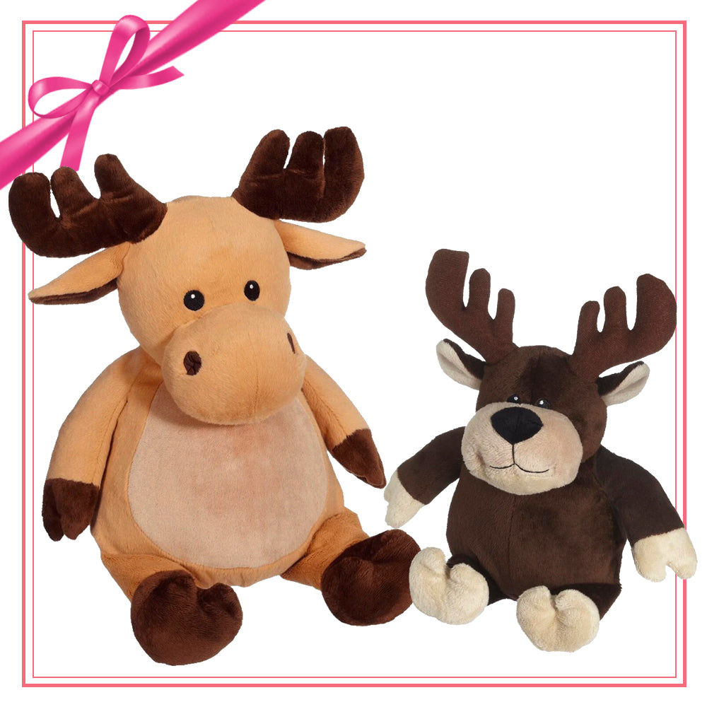 Two plush moose toys from Mikey Moose Buddy mini plush gift set, ideal for custom apparel enthusiasts