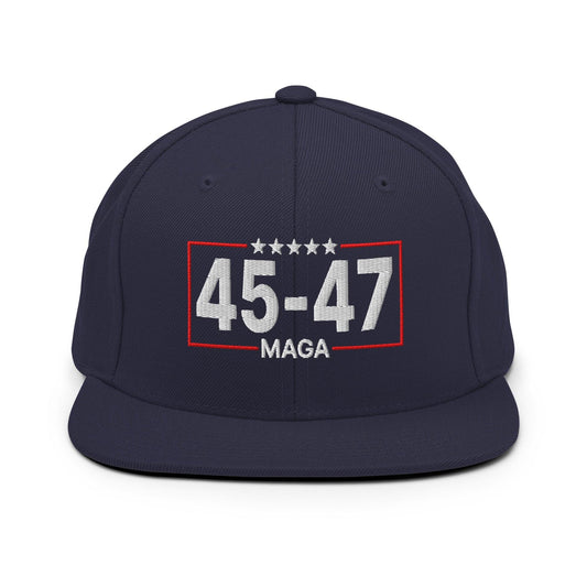 Trump 45-47 MAGA Embroidered Flat Bill Brim Snapback Hat - Navy