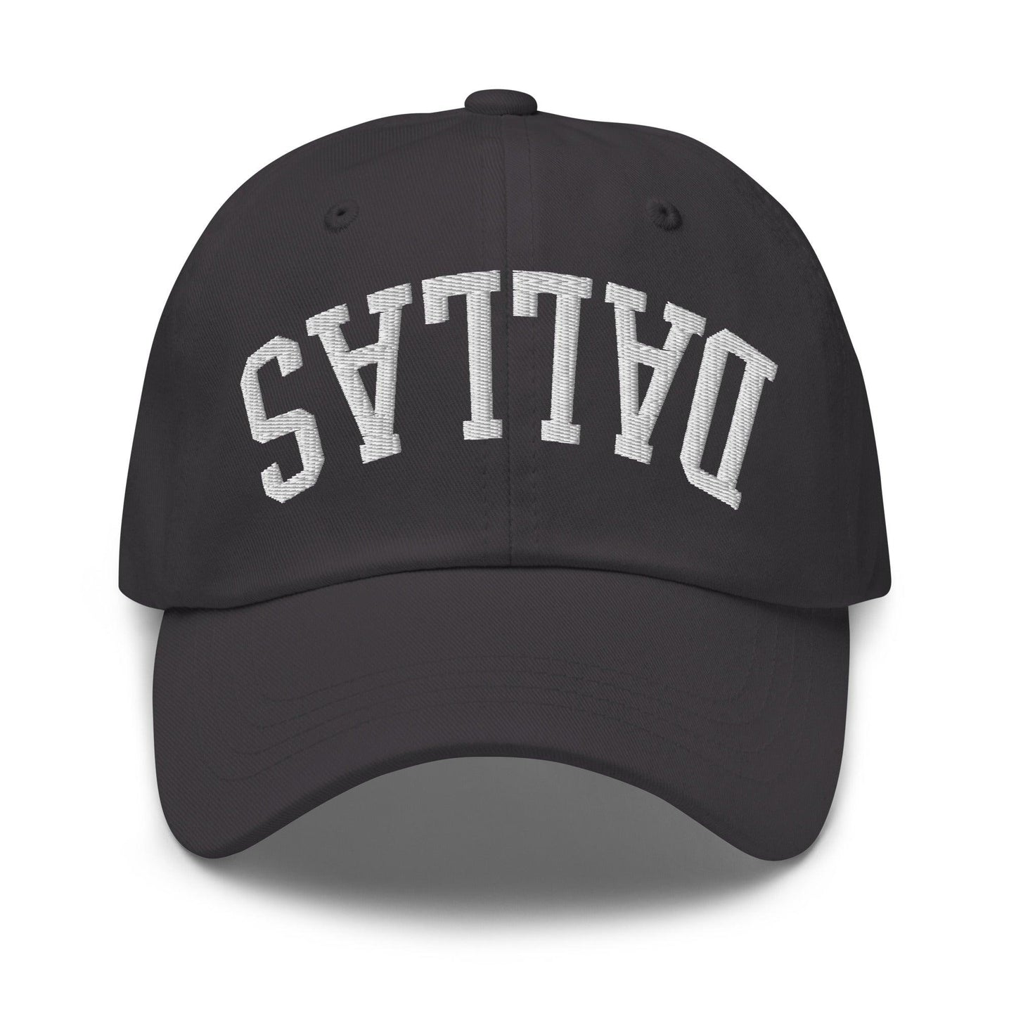 Upside Down Dallas Varsity Letterman Embroidered Dad Hat - Dark Grey