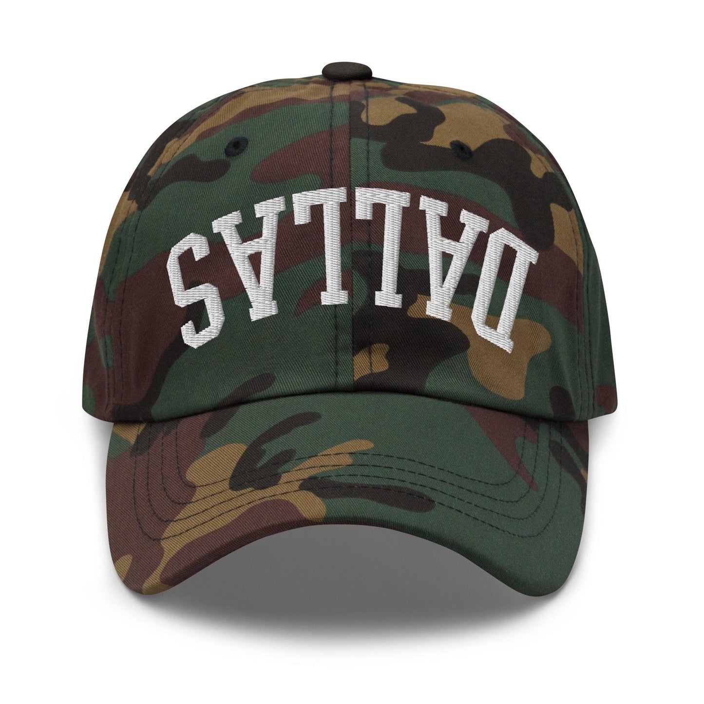 Upside Down Dallas Varsity Letterman Embroidered Dad Hat - Green Camo