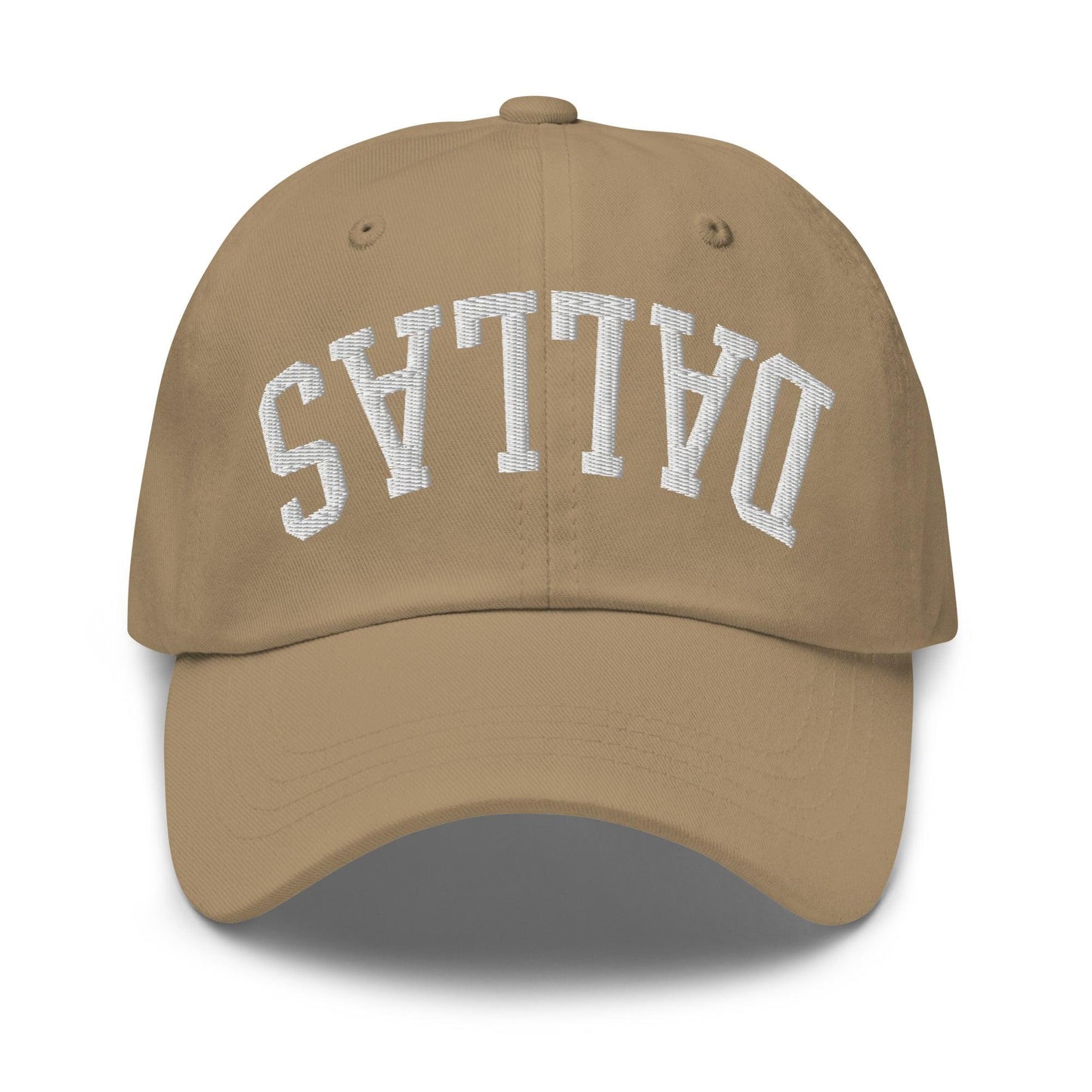 Upside Down Dallas Varsity Letterman Embroidered Dad Hat - Khaki