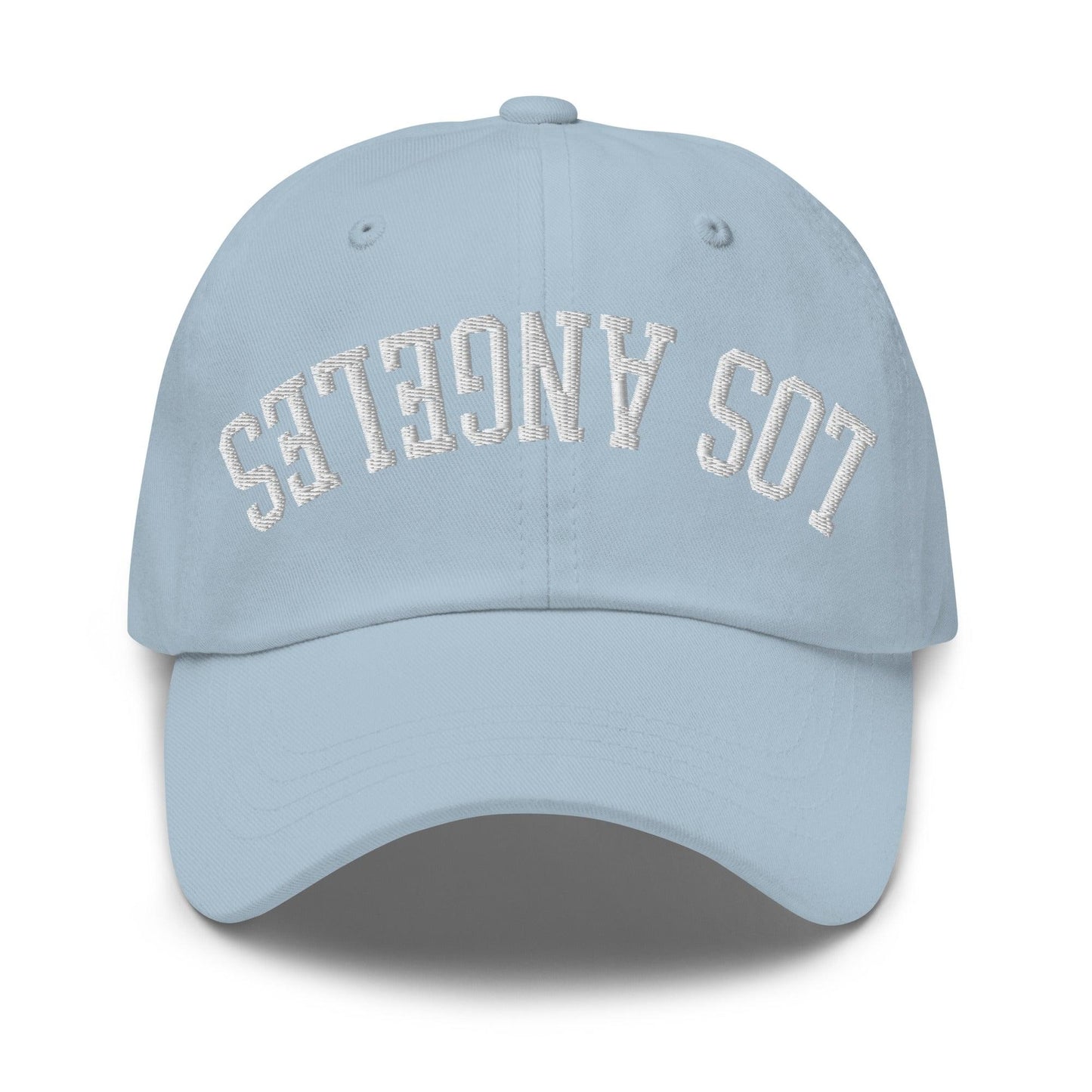 Upside Down LA Los Angeles Varsity Letterman Embroidered Dad Hat - Light Blue