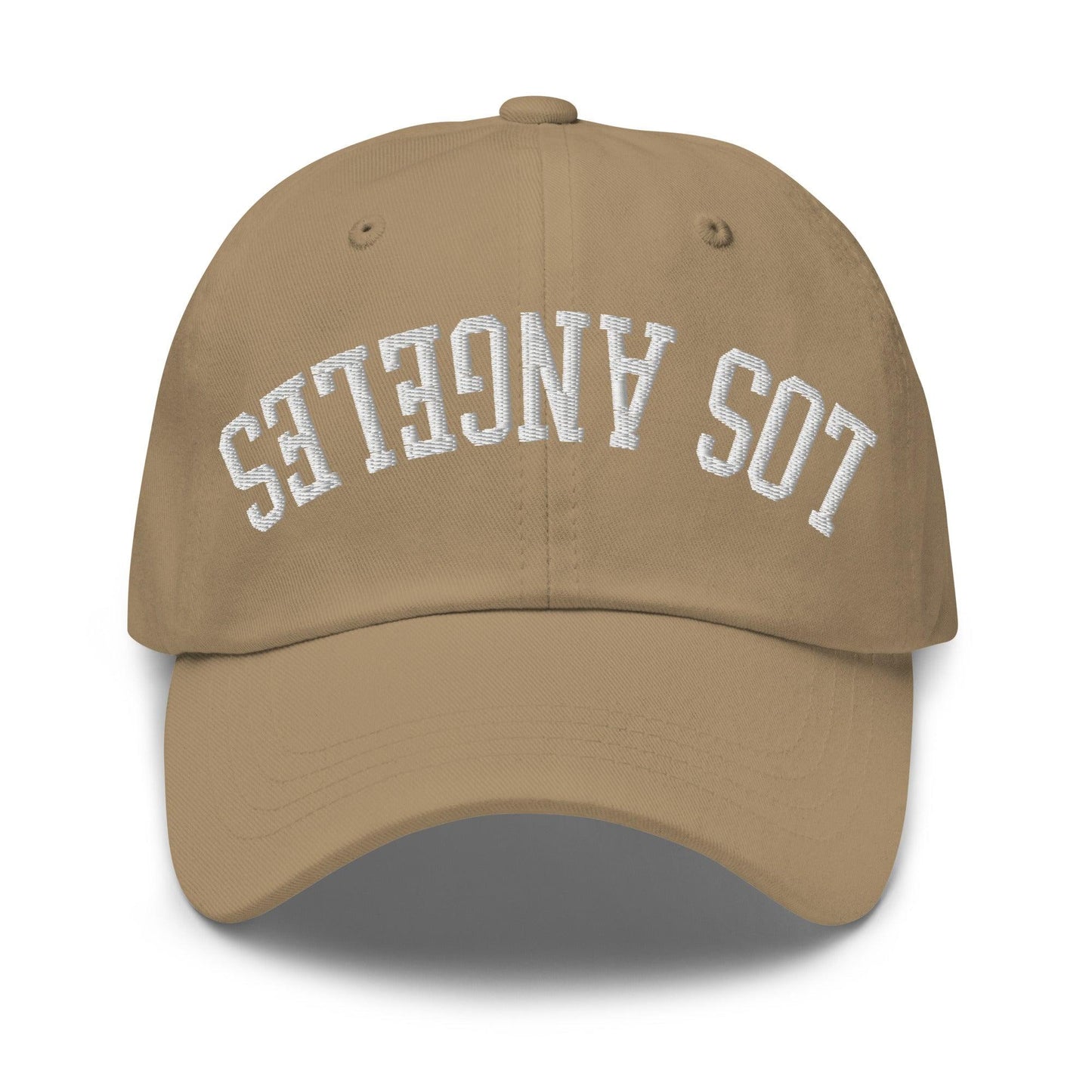 Upside Down LA Los Angeles Varsity Letterman Embroidered Dad Hat - Khaki