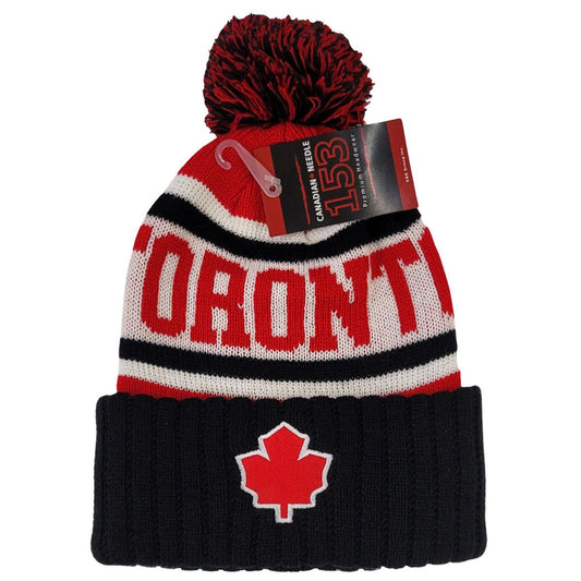 TORONTO Pom Knit Toque - Black with Red Jacquard Toronto Leaf Felt Patch on Cuff KW1902BKRD - OSFA - Logo