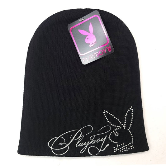 Playboy knit Beanie - Print & Rhinestone Black - OSFA - Logo Toque