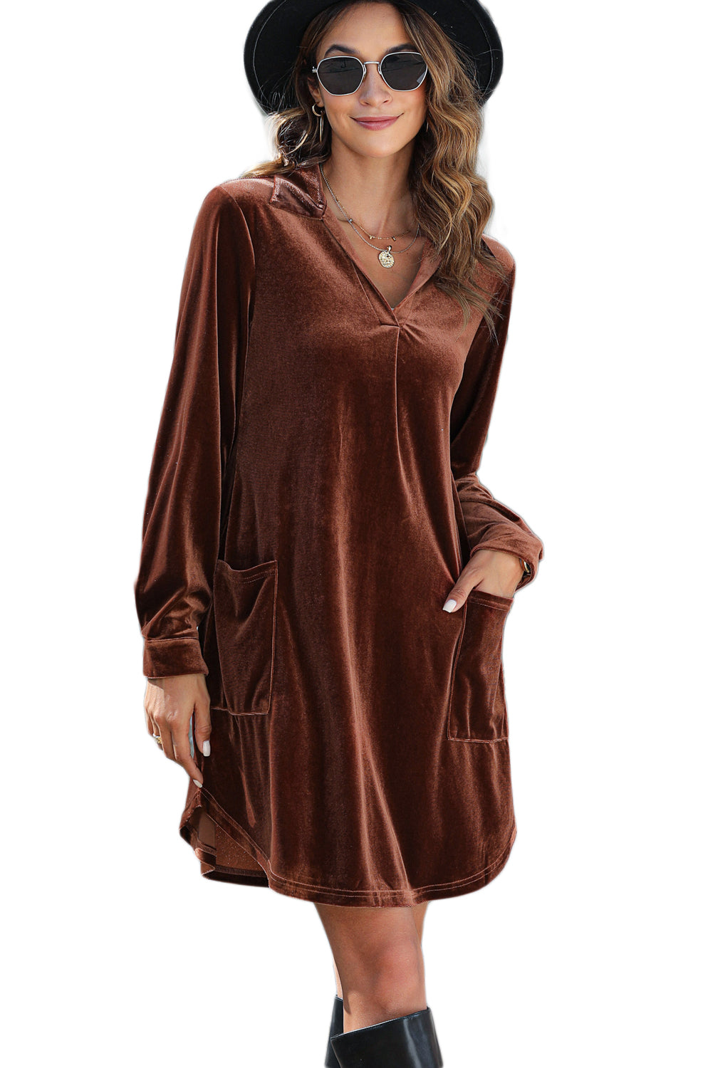 Coffee Roll Tab Sleeve Collared V Neck Velvet Dress