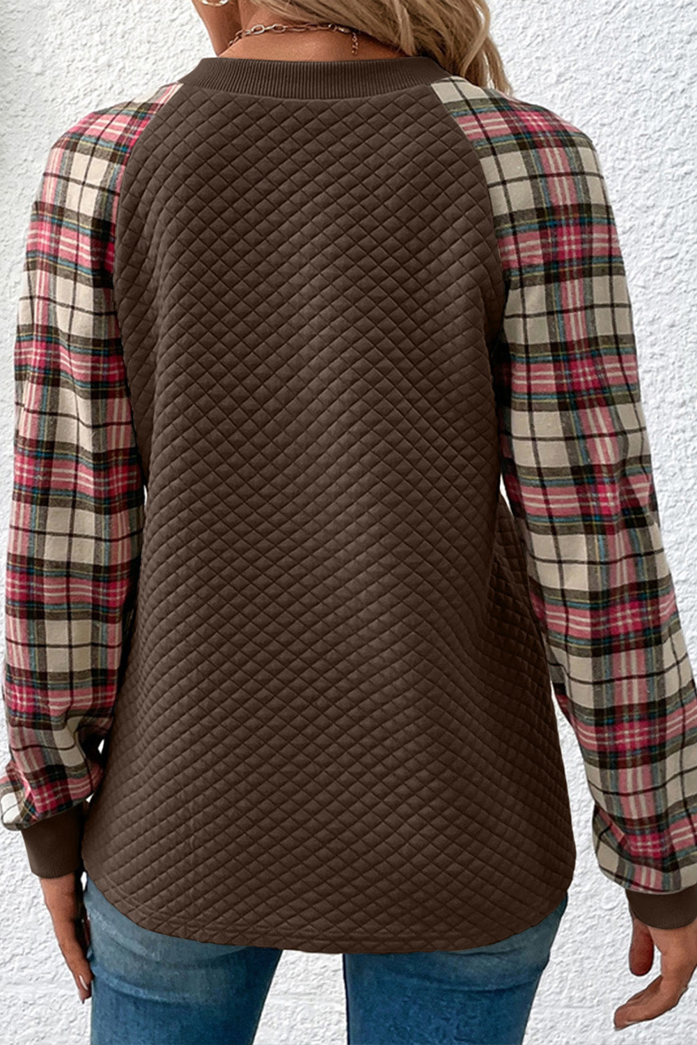 Apricot Plaid Print Quilted Raglan Sleeve Sweatshirt