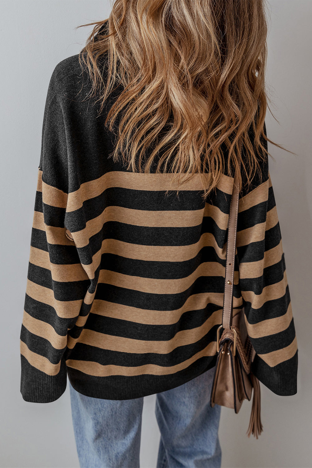 Black Striped Collared Quarter Zip Oversized Sweater