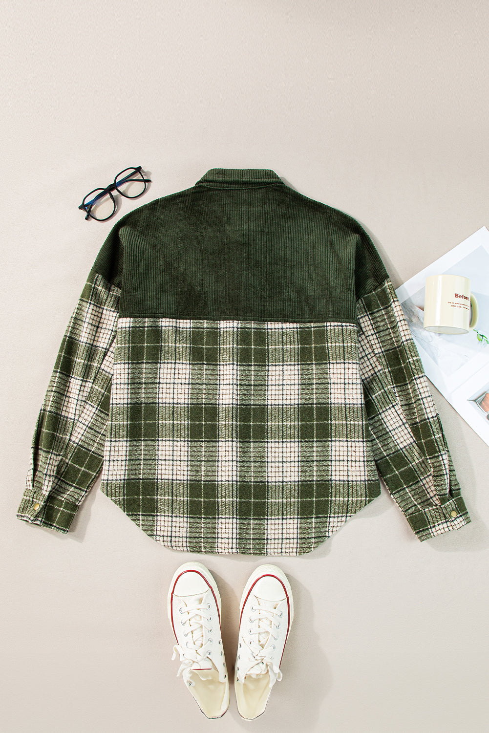 Blackish Green Snap Buttons Patchwork Plaid Shacket