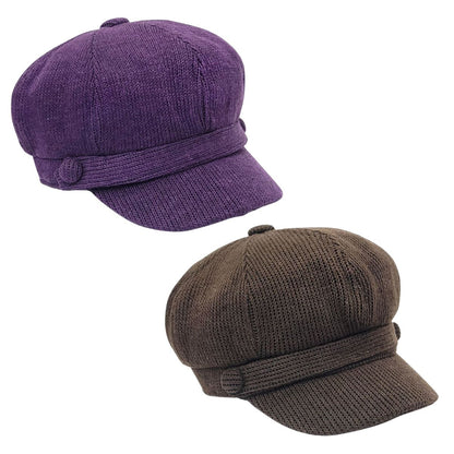 Newsboy Hat - Knitted Corduroy Purple & Brown