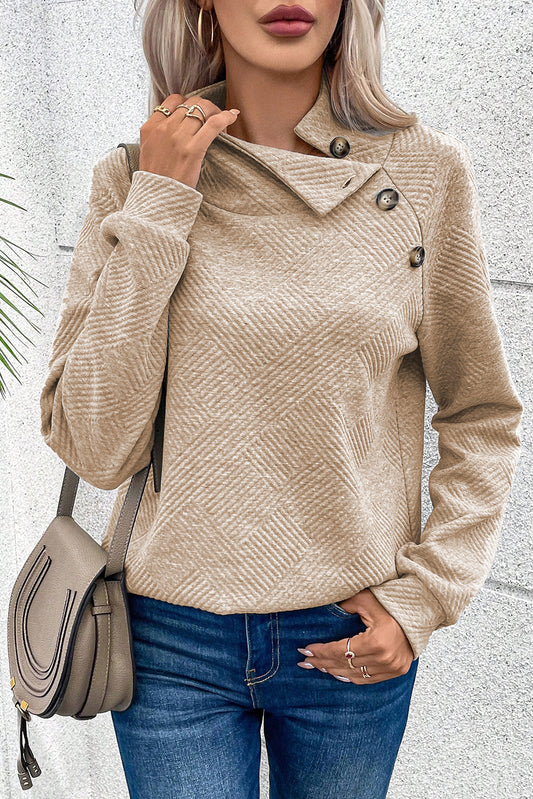 Apricot Solid Color Button Detail Textured Sweatshirt