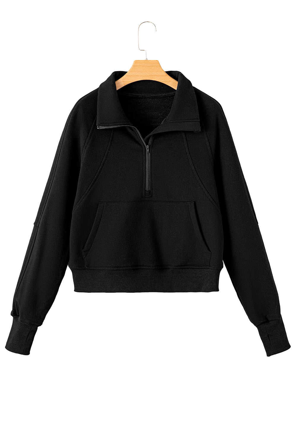 Black Zip Up Stand Collar Ribbed Thumbhole Sleeve Sweatshirt