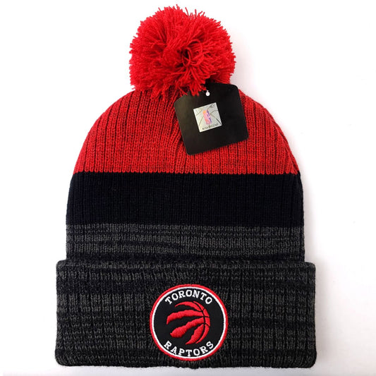 Toronto Raptors Pom Knit Toque - FZ Charcoal with Red & Black Stripe - OSFA - NBA
