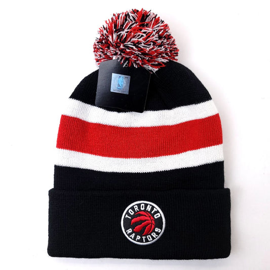 Toronto Raptors Pom Knit Toque - BA Black with Red & White Stripe - OSFA - NBA
