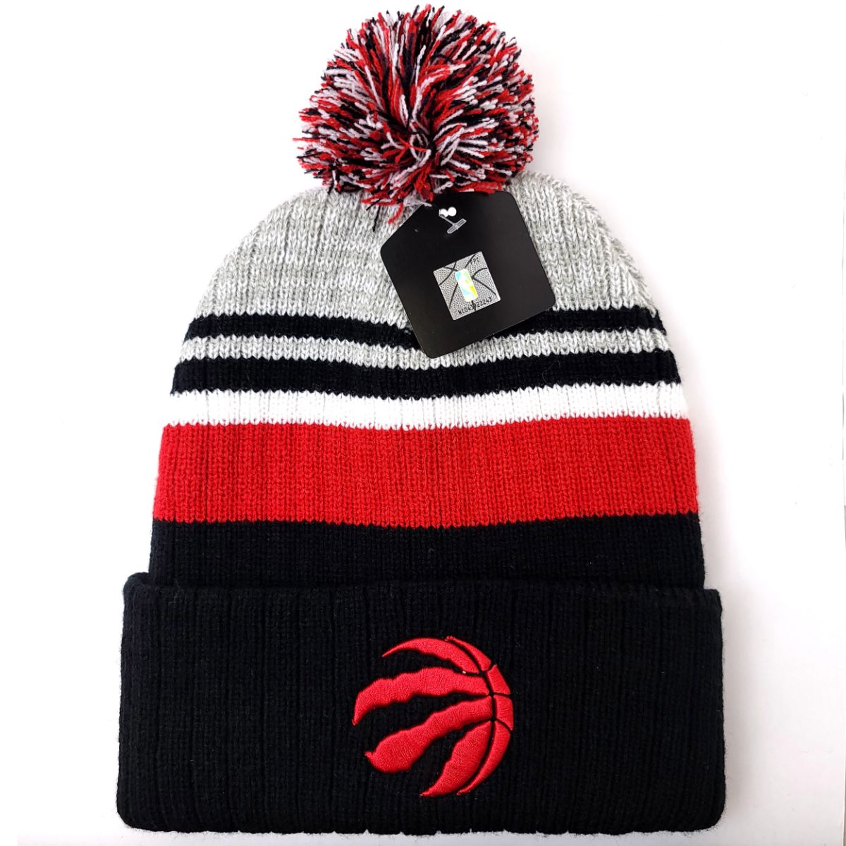 Toronto Raptors Pom Knit Toque - PW Black with Red & Grey Stripes Alt. Logo - OSFA - NBA