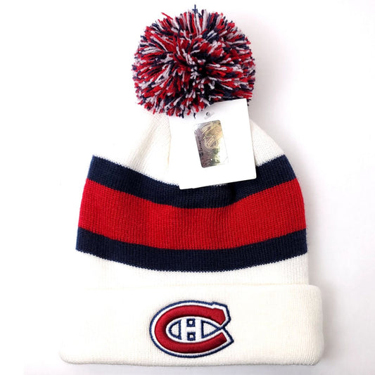 Montreal Canadiens Pom Knit Toque - BA White with Red Stripes - OSFA - NHL