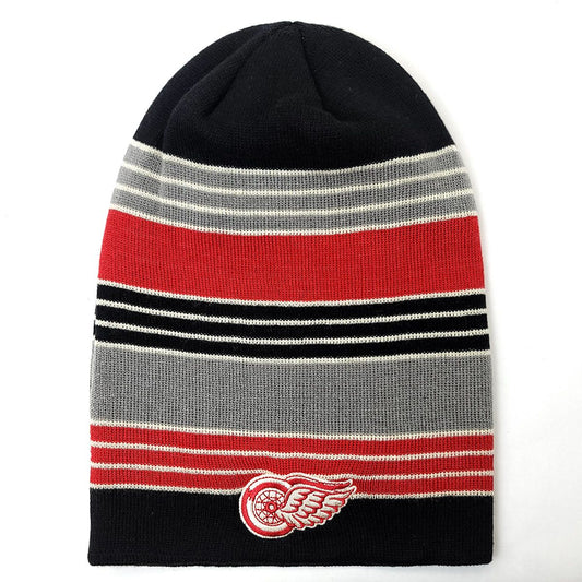 Detroit Red Wings Knit Slouchy Beanie - No Cuff Black with & Grey Stripes - OSFA - NHL Toque