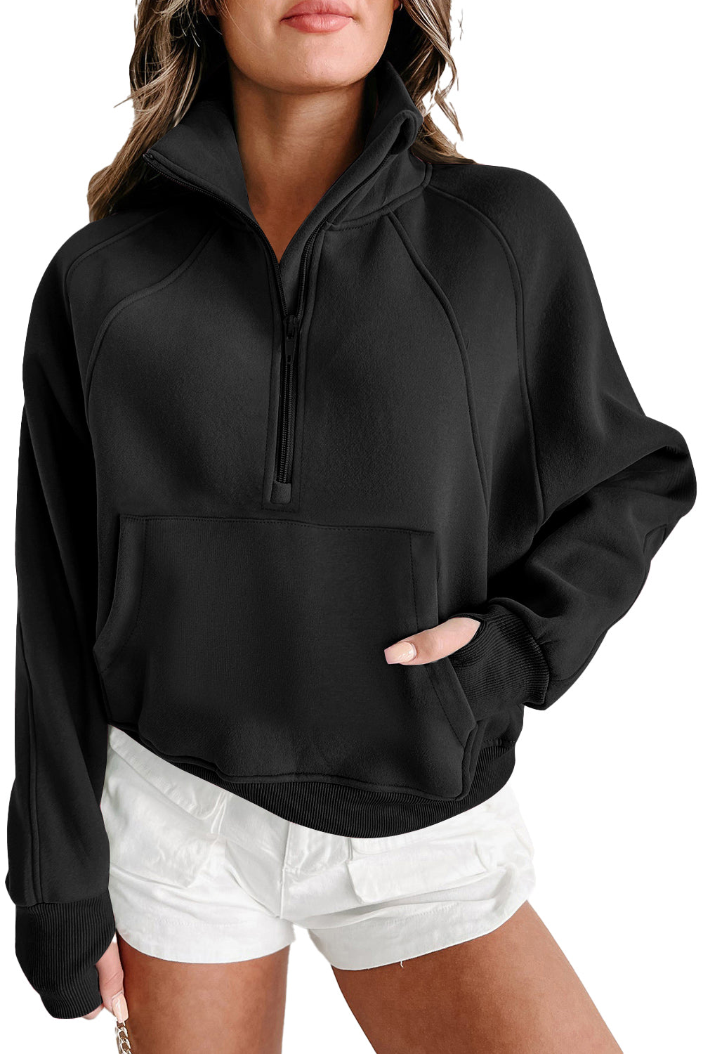 Black Zip Up Stand Collar Ribbed Thumbhole Sleeve Sweatshirt