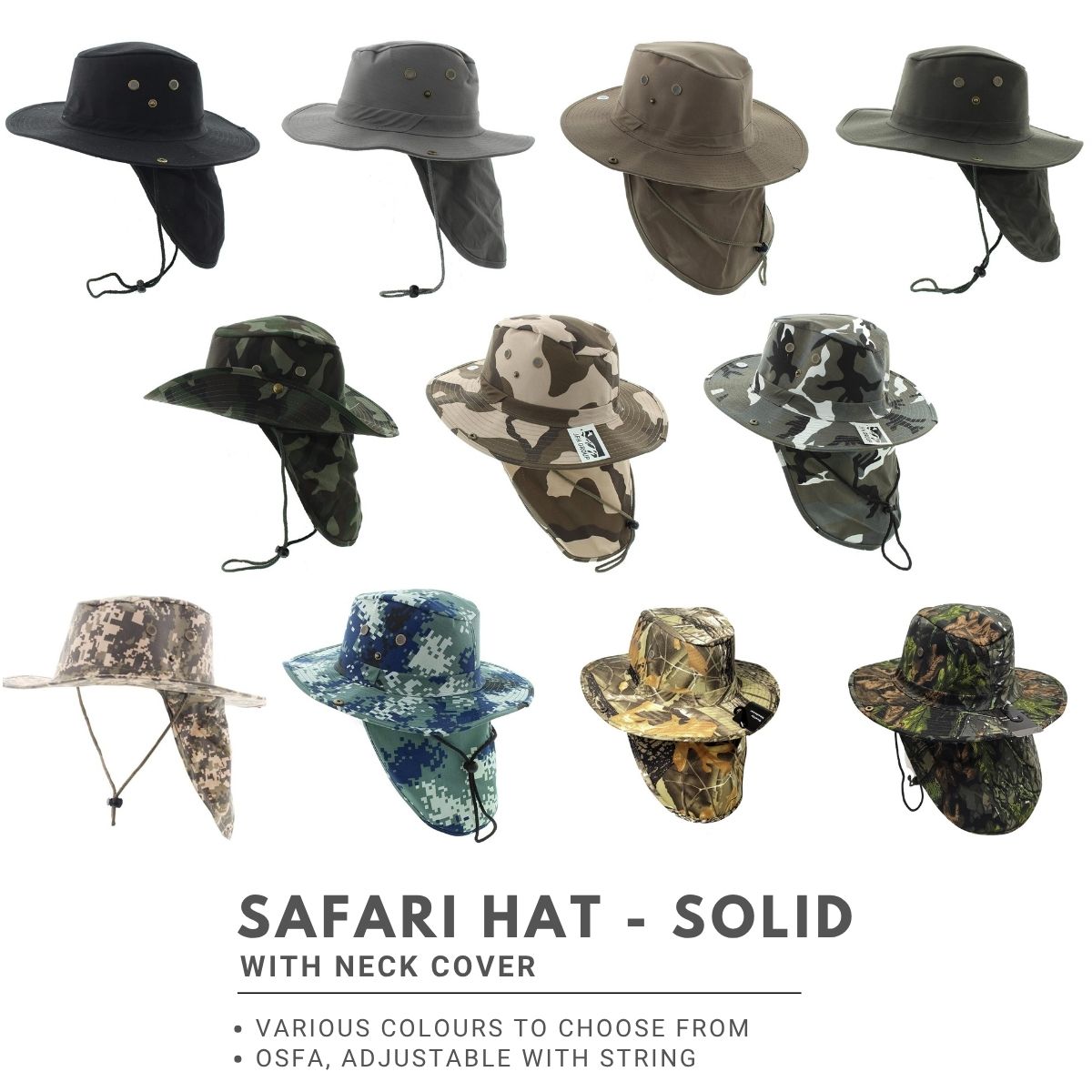 Safari Hat with Neck Cover Solid Various Colours & Sizes