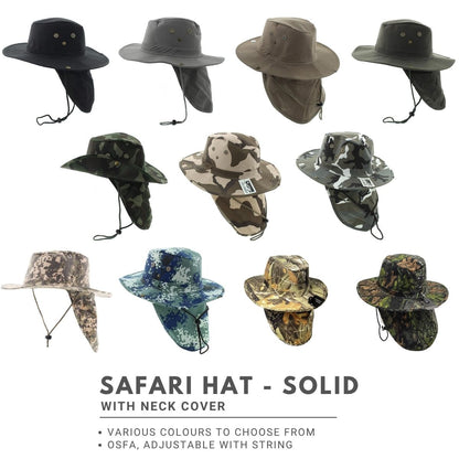 Safari Hat with Neck Cover Solid Various Colours & Sizes
