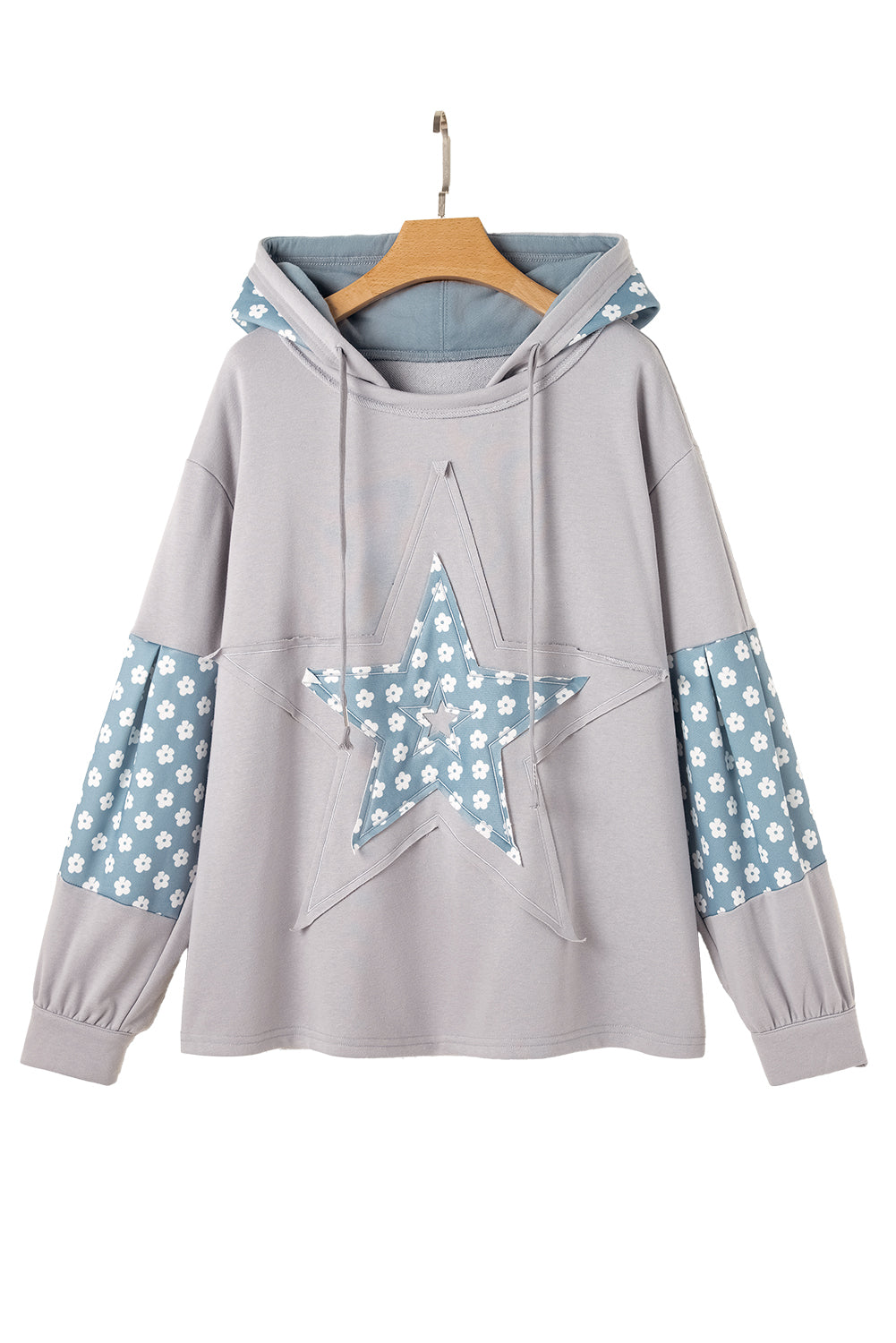 Beau Blue Floral Patchwork Star Pattern Drawstring Hoodie