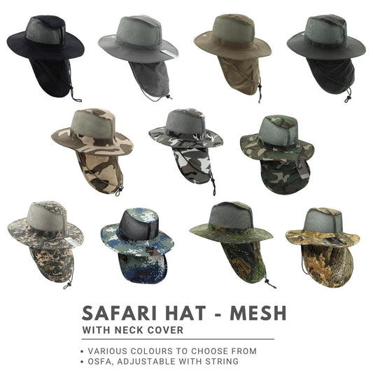 Safari Hat with Neck Cover Mesh Various Colours & Sizes