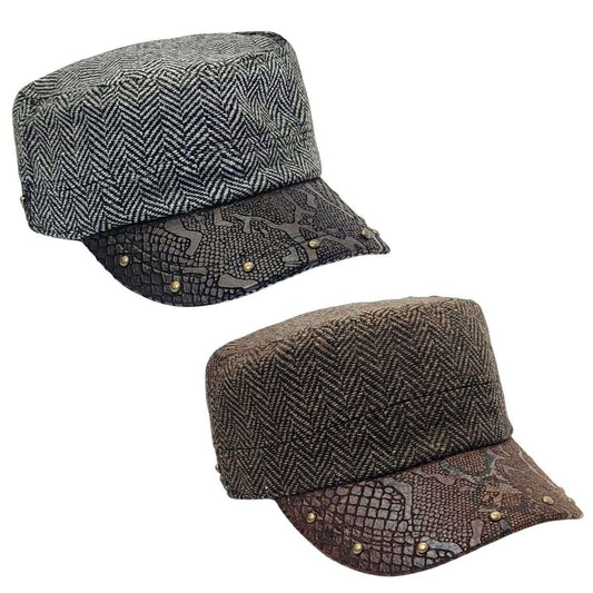 Cadet Cap - Herringbone PU Leather Visor BS3889 Black & Brown