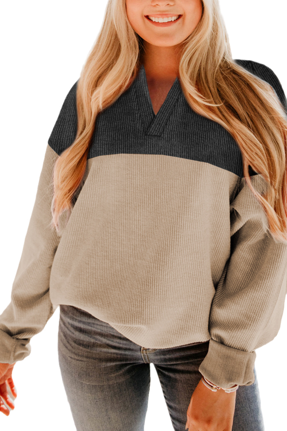 Carbon Grey Colorblock V Neck Corded Sweatshirt