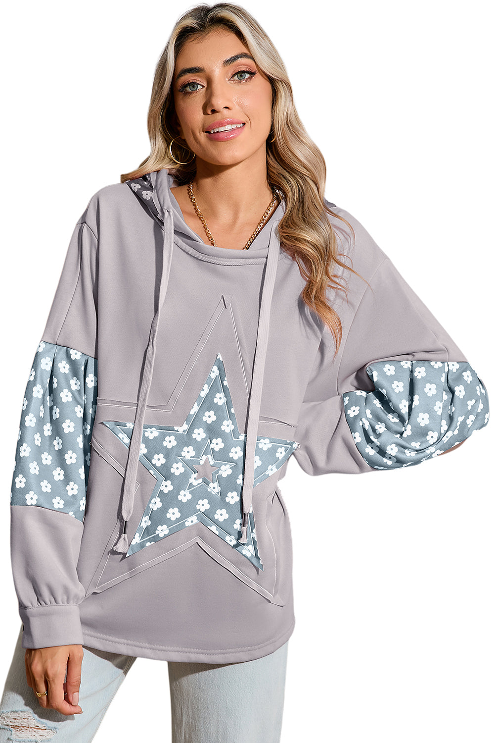 Beau Blue Floral Patchwork Star Pattern Drawstring Hoodie