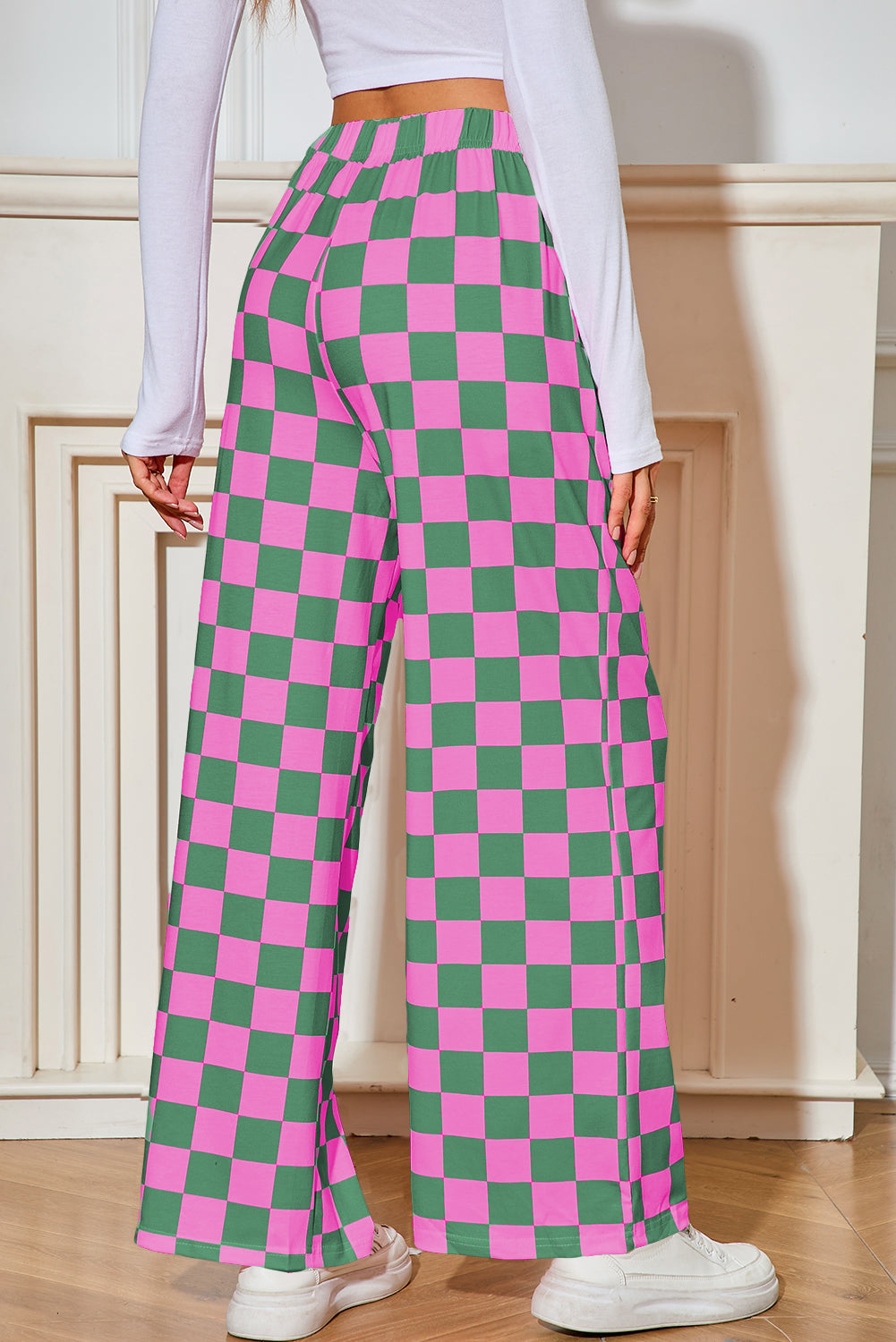 Black Checkered Print High Waist Wide Leg Pants