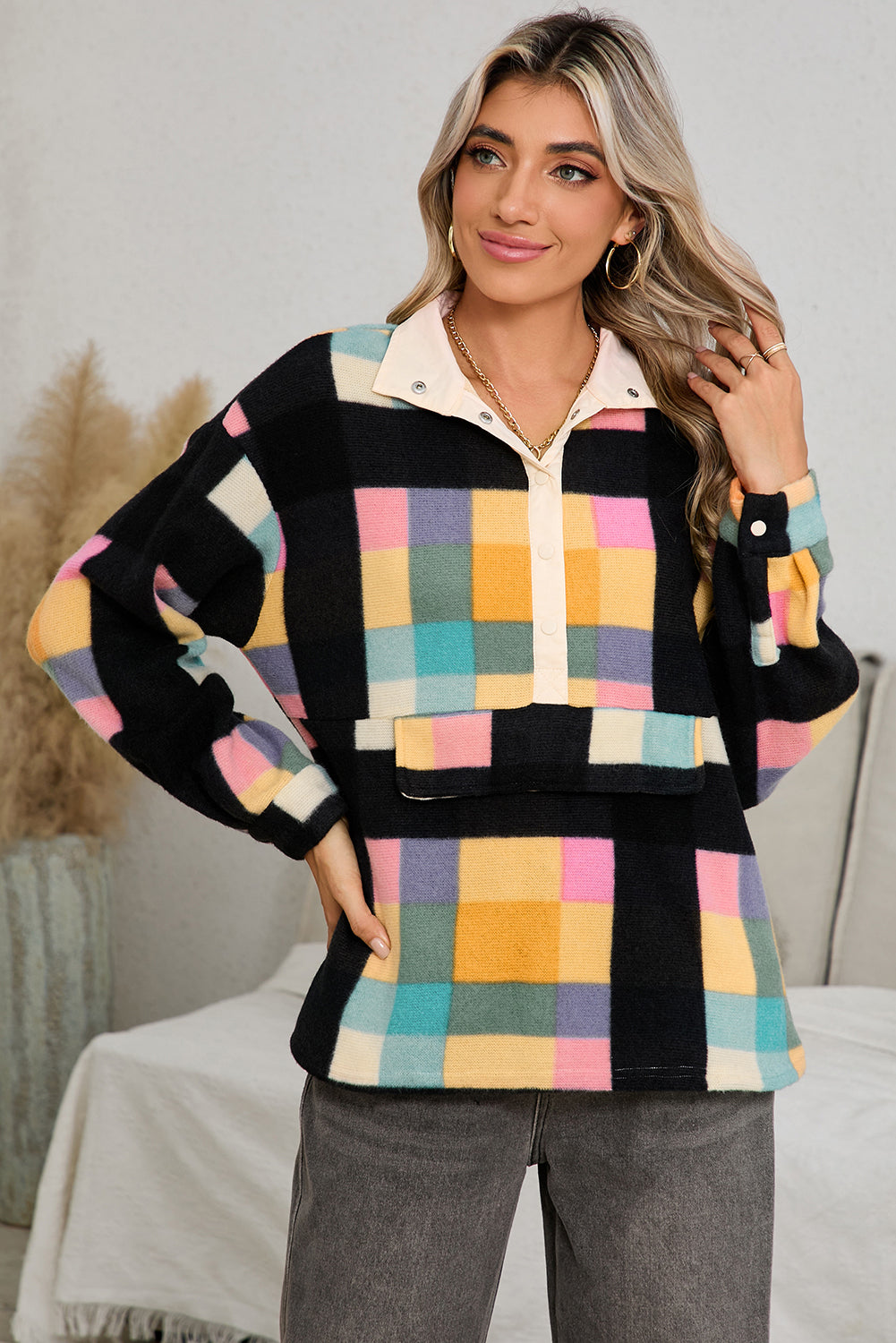 Black Checkered Pocketed Half Button Collared Sweatshirt