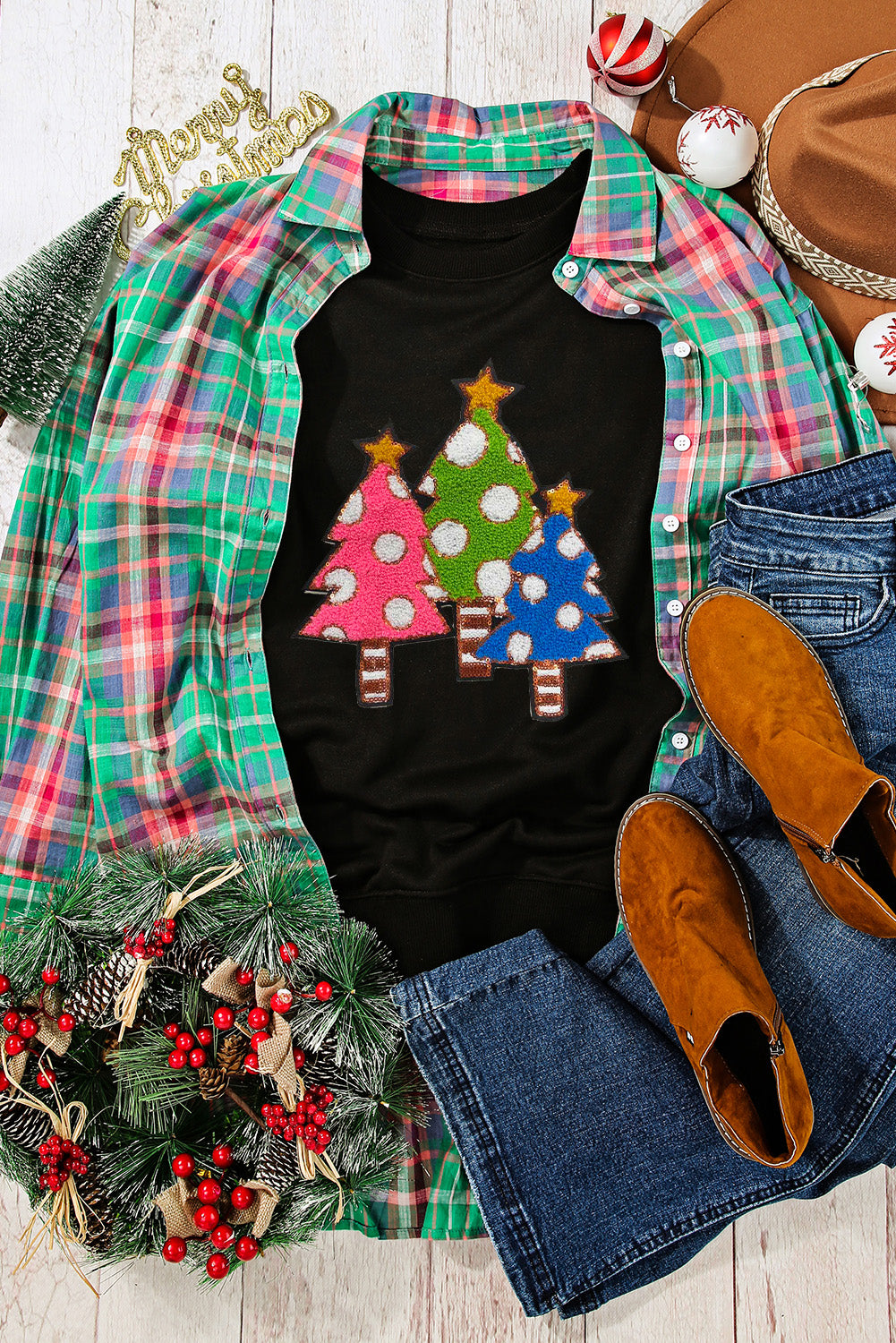 Black Christmas Tree Graphic Crew Neck Sweatshirt