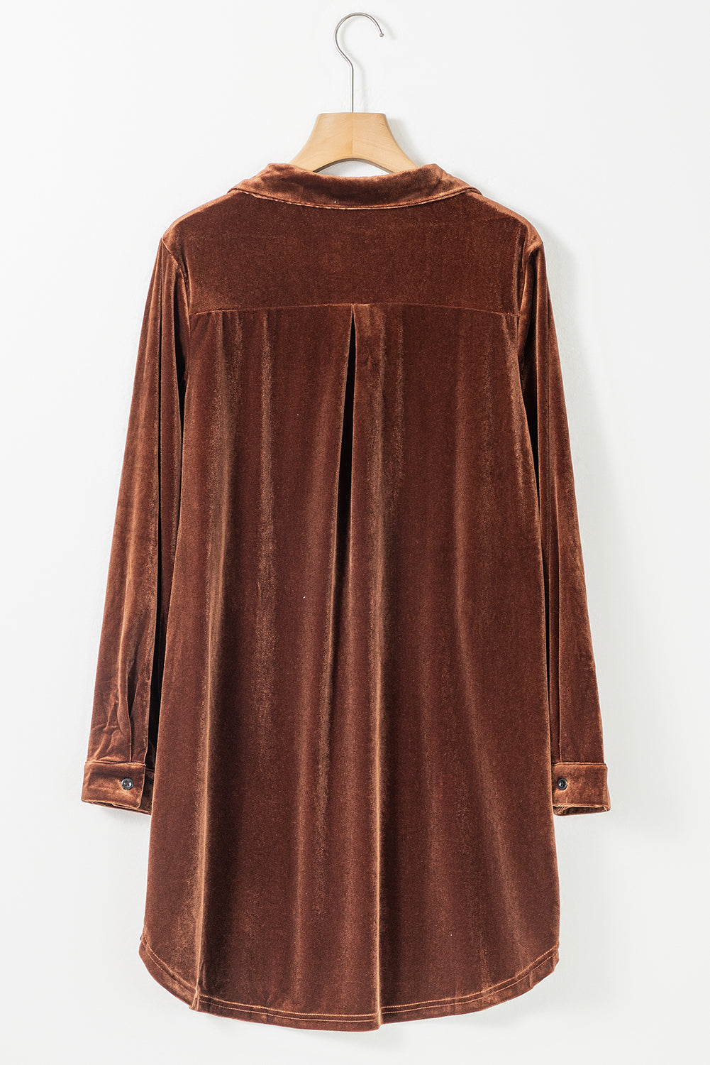 Coffee Roll Tab Sleeve Collared V Neck Velvet Dress