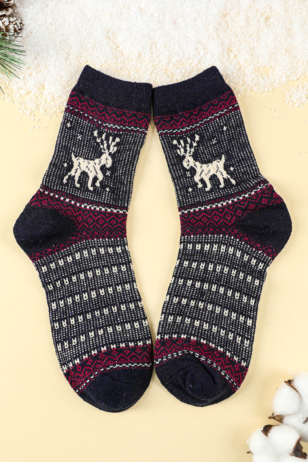 Blackish Green 5 Pairs Christmas Reindeer Soft Crew Socks