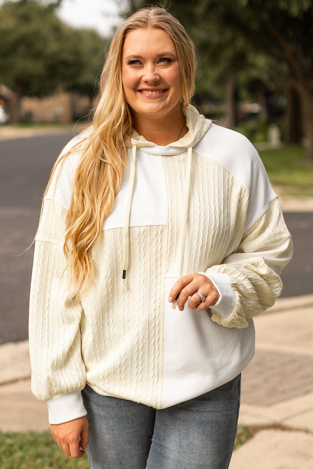 Beige Waffle Textured Patchwork Exposed Seam Plus Size Hoodie