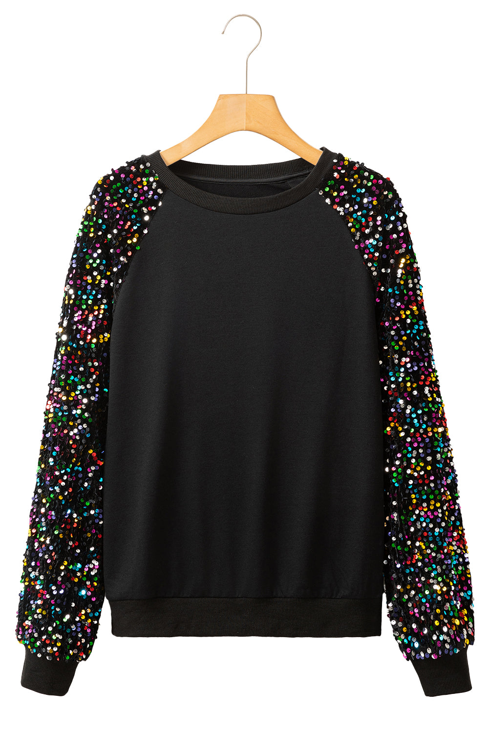 Black Sequin Raglan Sleeve Crewneck Pullover Sweatshirt