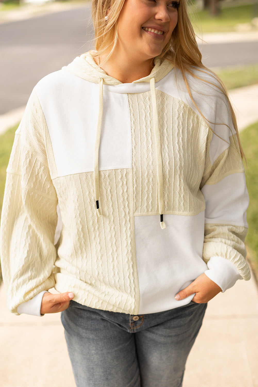 Beige Waffle Textured Patchwork Exposed Seam Plus Size Hoodie