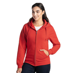Red zip-up hooded sweatshirt made from ring spun cotton and polyester fleece for adults