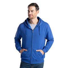 Blue zip-up hooded sweatshirt made of ring spun cotton and polyester fleece