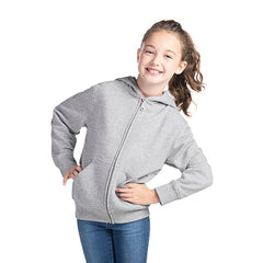 Gray zip-up hooded sweatshirt made from ring spun combed cotton for youth comfort