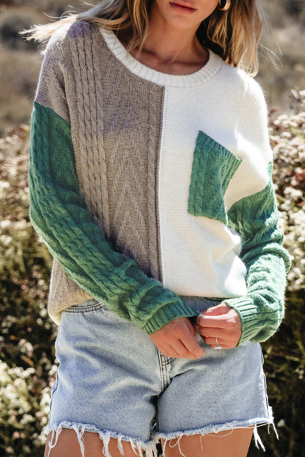 Vineyard Green Colorblock Pocket Drop Shoulder Sweater