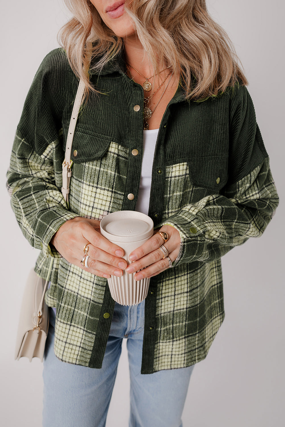 Blackish Green Snap Buttons Patchwork Plaid Shacket