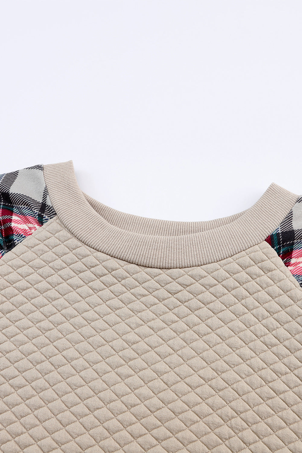 Apricot Plaid Print Quilted Raglan Sleeve Sweatshirt