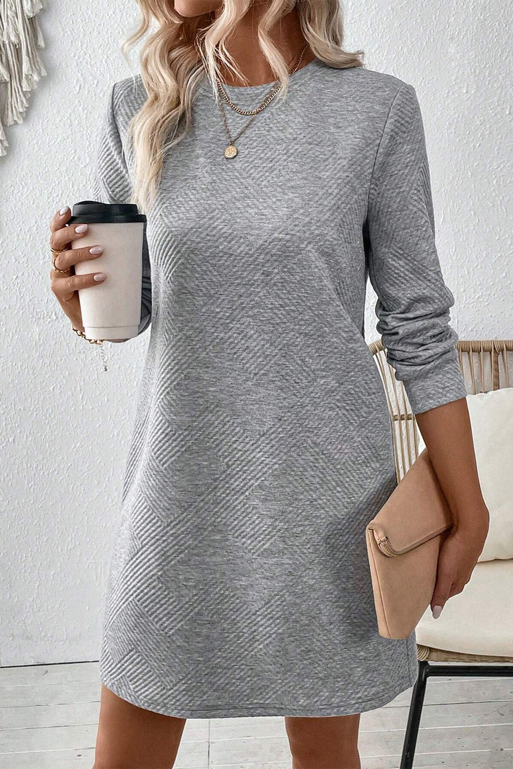 Gray Solid Color Textured Long Sleeve Shift Short Dress