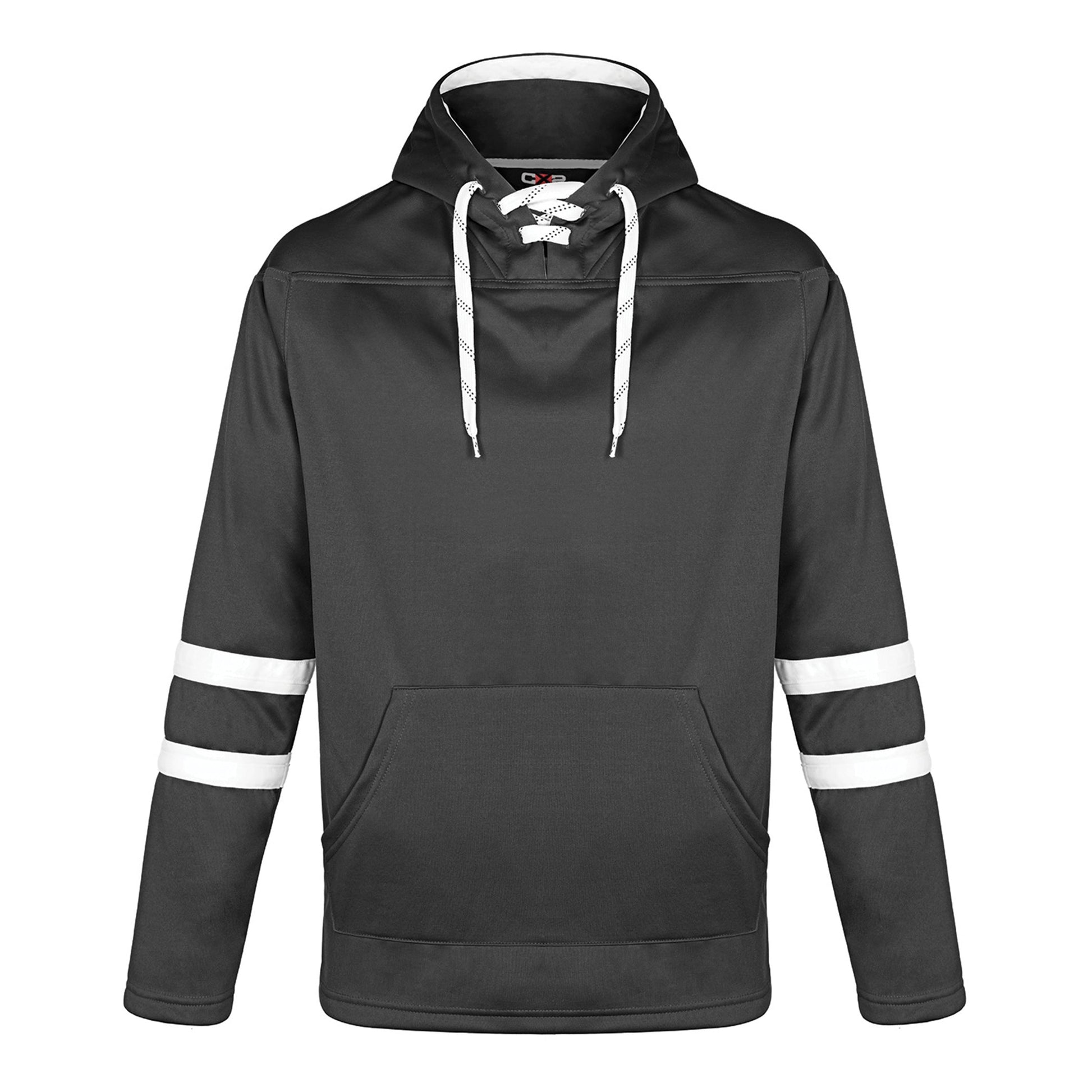 L00617 - Dangle - Adult Pullover Hockey Lace Hooded Sweatshirt - Black/White / XS / Fleece