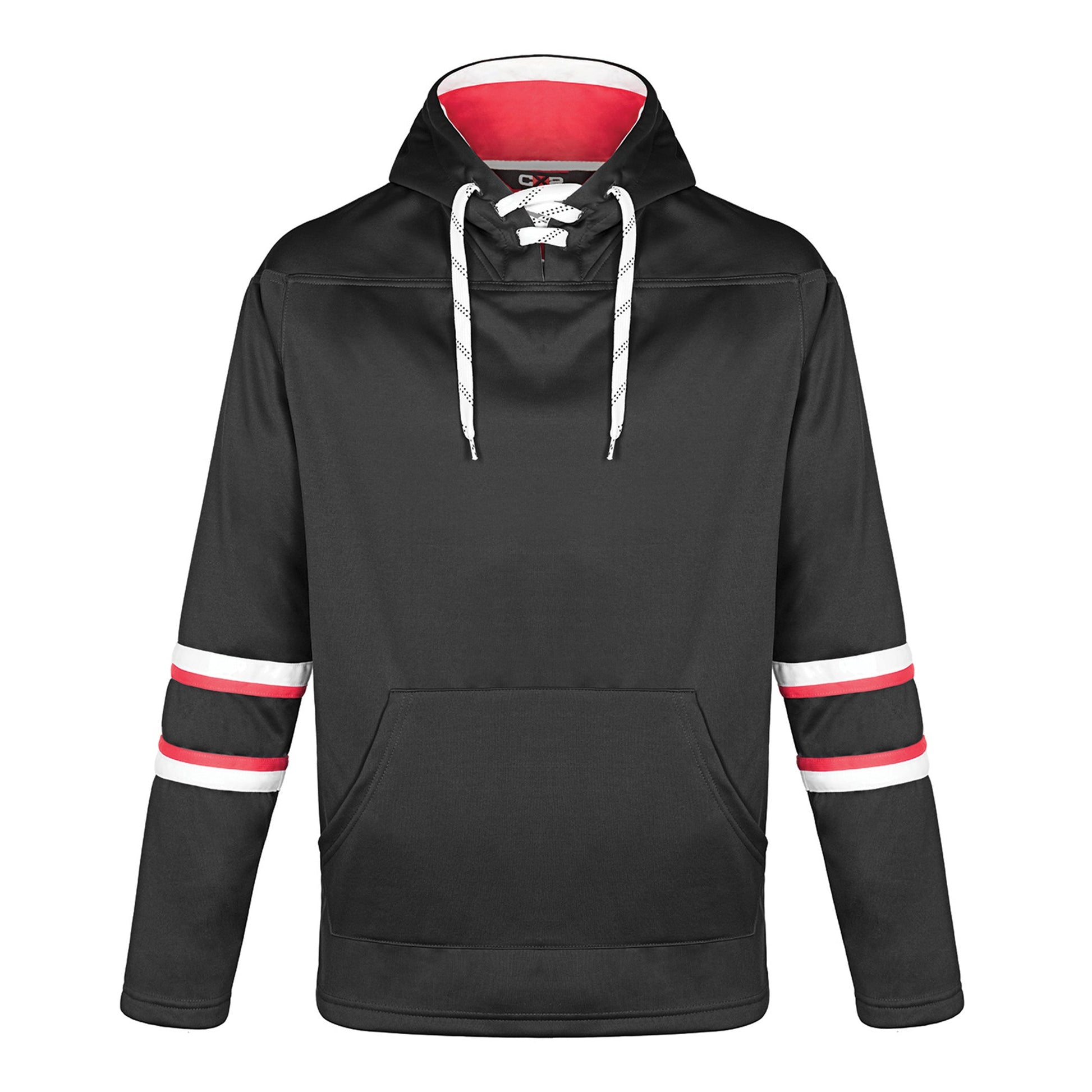 L00617 - Dangle - Adult Pullover Hockey Lace Hooded Sweatshirt - Black/Red/White / XS / Fleece