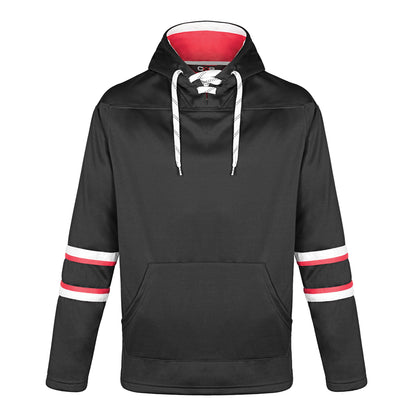 L00617 - Dangle - Adult Pullover Hockey Lace Hooded Sweatshirt - Black/Red/White / XS / Fleece