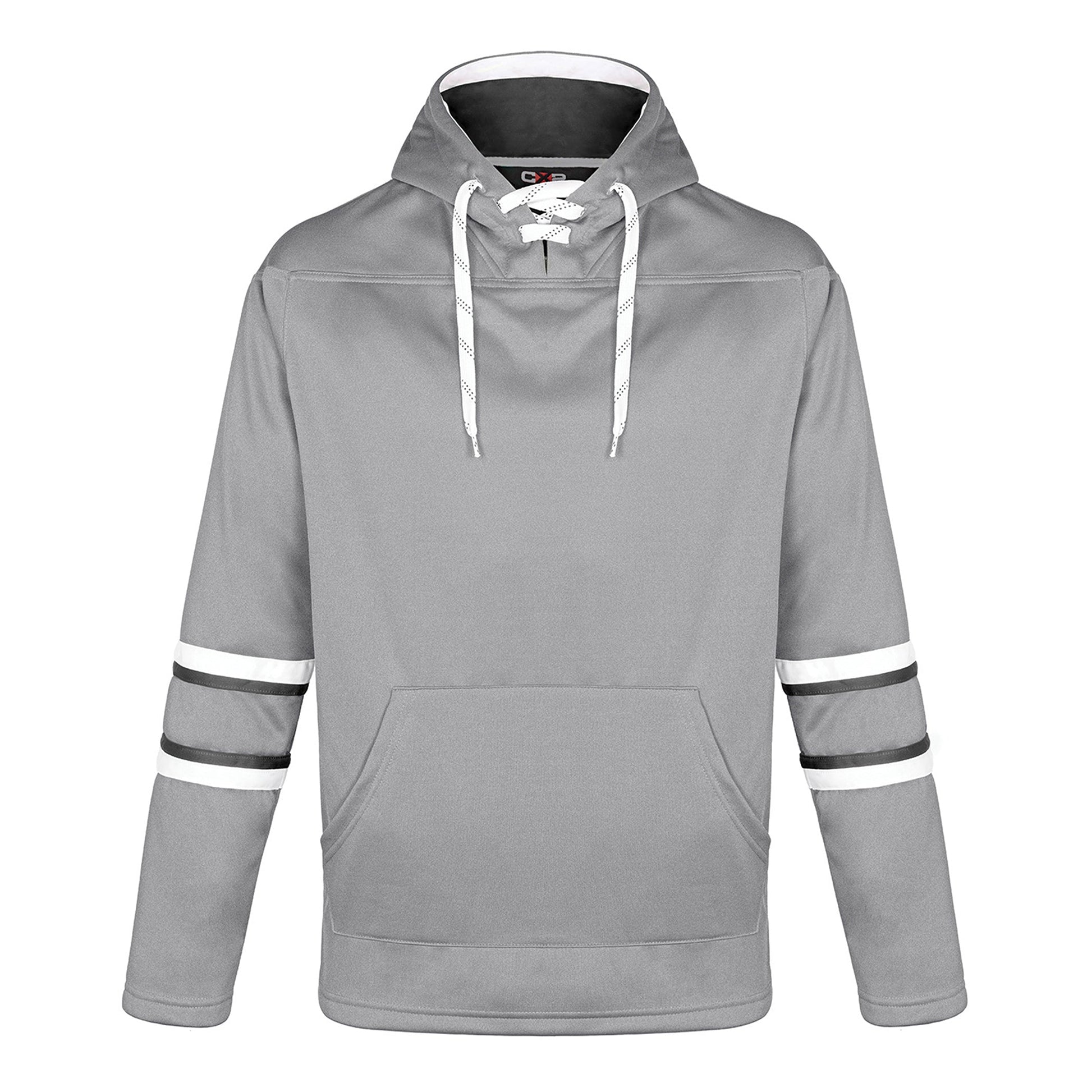 L00617 - Dangle - Adult Pullover Hockey Lace Hooded Sweatshirt - Grey/Black/White / XS / Fleece