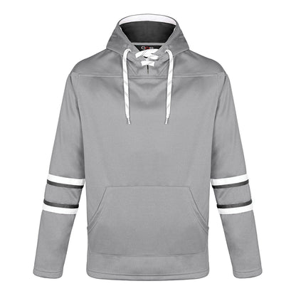 L00617 - Dangle - Adult Pullover Hockey Lace Hooded Sweatshirt - Grey/Black/White / XS / Fleece